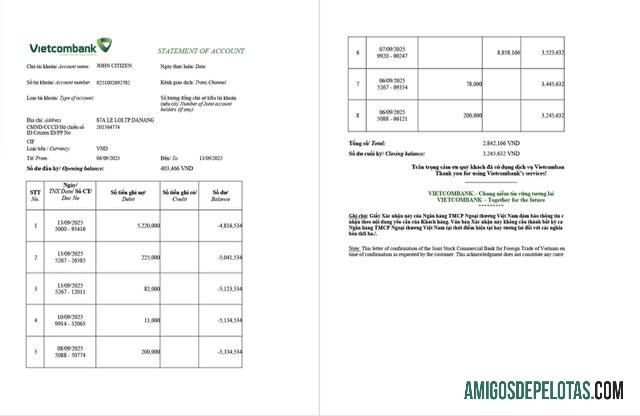 Extrato de conta realista do Vietnã Vietcombank modelo Word e PDF, 2 páginas